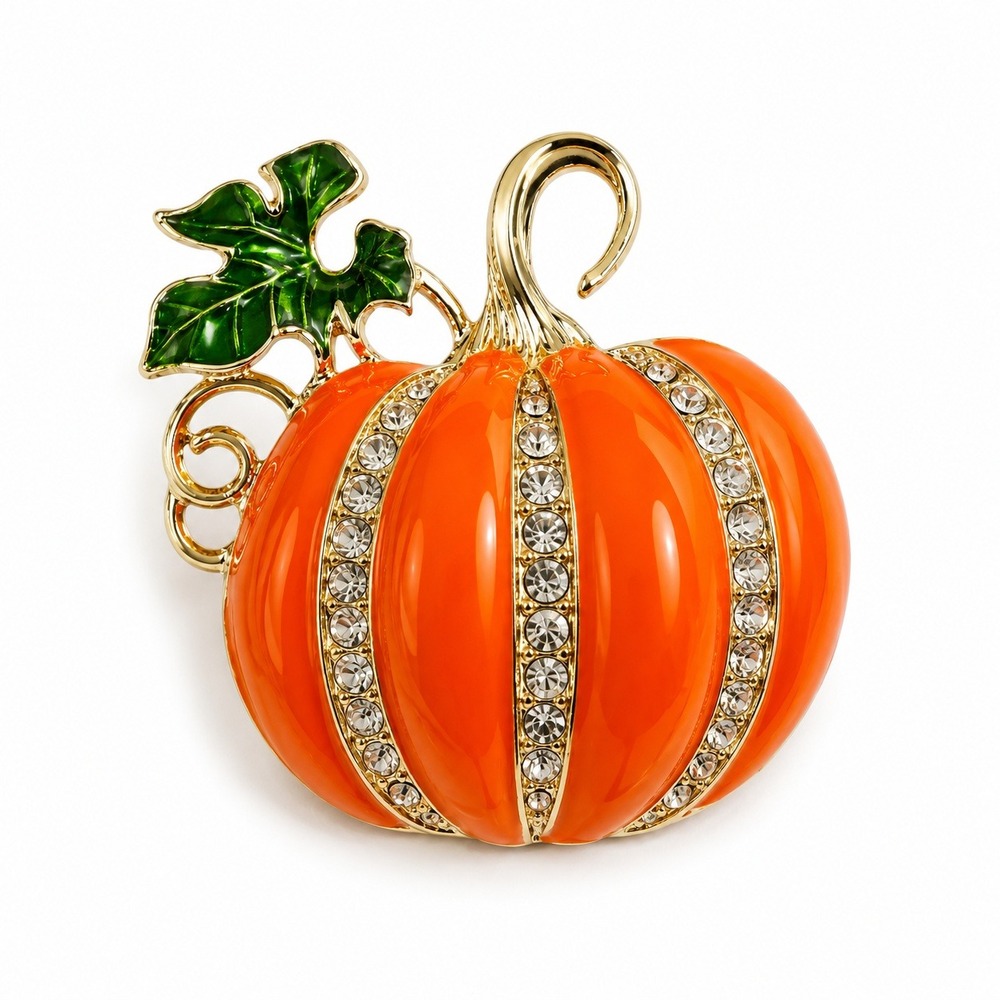 NEW Orange Pumpkin Brooch Rhinestone Enamel Gold Tone Halloween Fall Harvest Pin